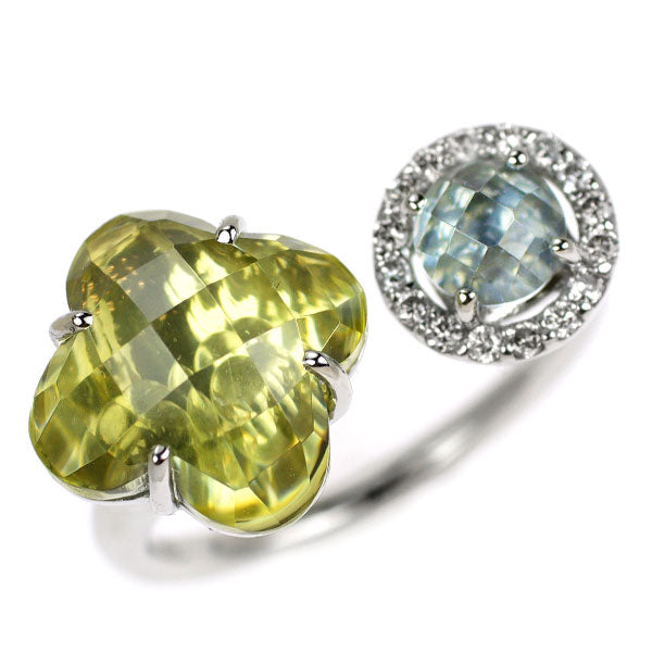 Pt950 チェッカードームカット クオーツ ブルートパーズ ダイヤモンド フォークリング 3.78ct 0.73ct D0.12ct ムービングストーン