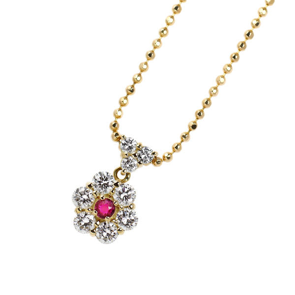 K18YG ルビー ダイヤモンド ペンダントネックレス 0.06ct D0.45ct フラワー