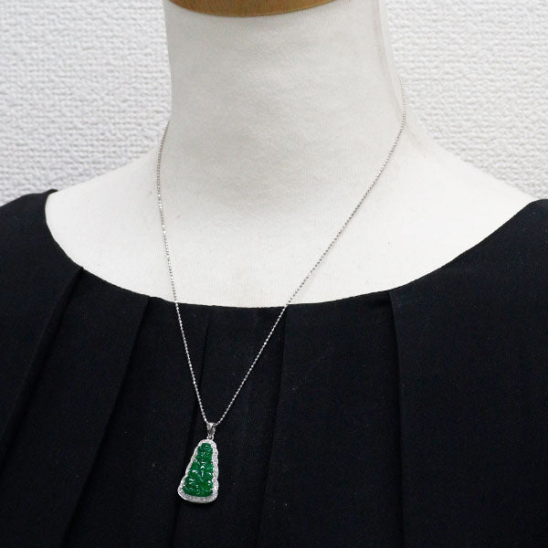 K18WG カービング 翡翠/ヒスイ ダイヤモンド ペンダントネックレス D0.56ct 仏像