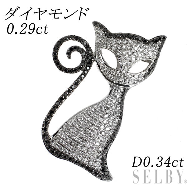 K18WG ブラック/カラーレス ダイヤモンド ブローチ 0.29ct D0.34ct アニマル 猫 マイクロパヴェ