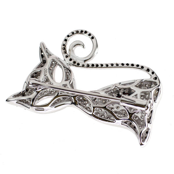 K18WG ブラック/カラーレス ダイヤモンド ブローチ 0.29ct D0.34ct アニマル 猫 マイクロパヴェ