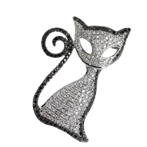 K18WG ブラック/カラーレス ダイヤモンド ブローチ 0.29ct D0.34ct アニマル 猫 マイクロパヴェ