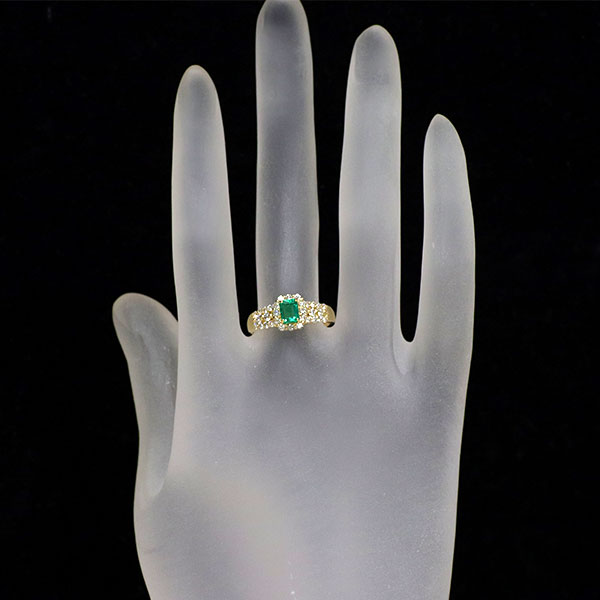 新品 K18YG コロンビア産 F1エメラルド ダイヤモンド リング 0.50ct D0.48ct【エスコレ】