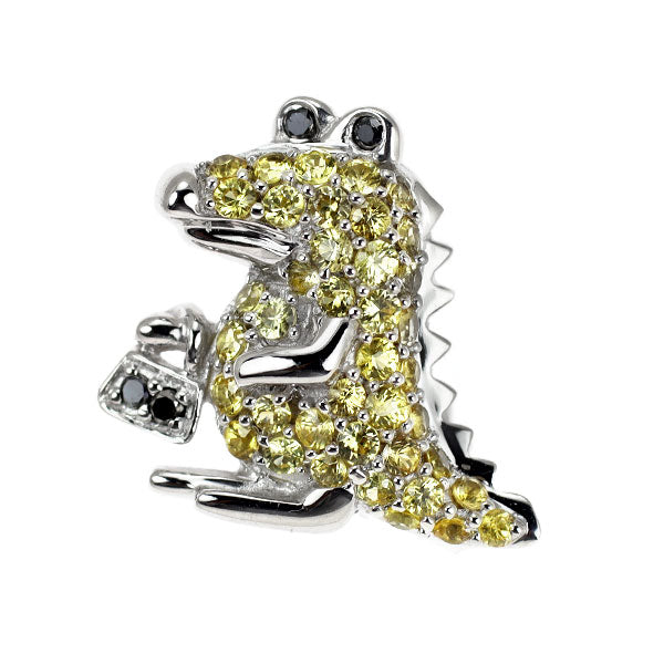 K18WG イエロー サファイア ブラックダイヤモンド ペンダントトップ 0.55ct 0.03ct ワニ 恐竜