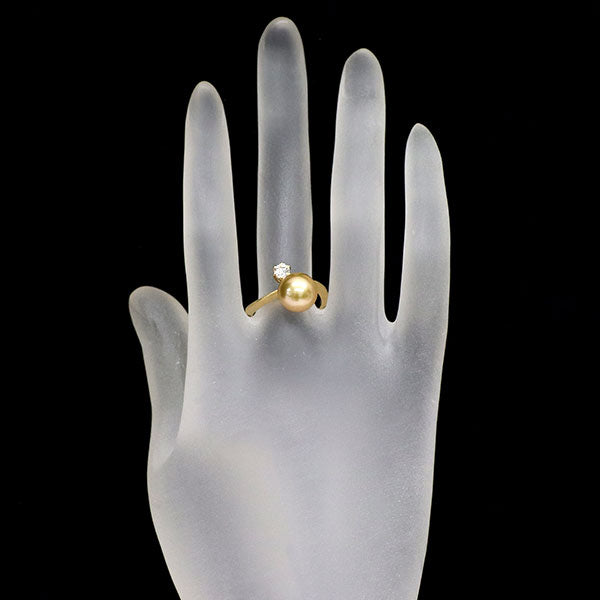 田崎真珠 K18YG 白蝶ゴールデン真珠 ダイヤモンド リング 径約9.5mm D0.21ct