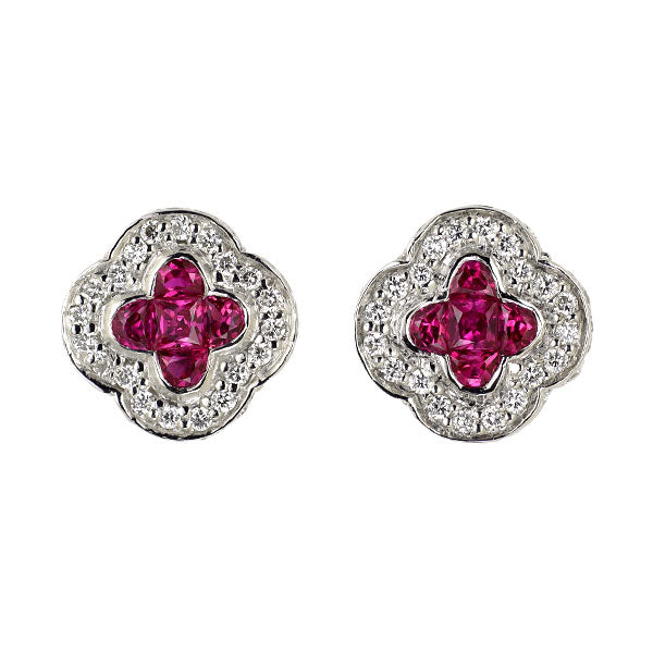 K18WG ルビー ダイヤモンド ピアス 0.72ct D0.30ct フラワー