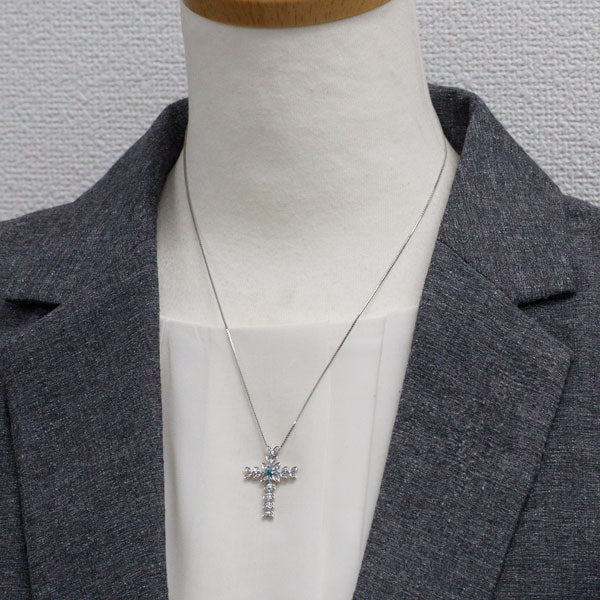 K18WG パライバ トルマリン ダイヤモンド ペンダントネックレス 0.14ct 0.18 クロス 植物