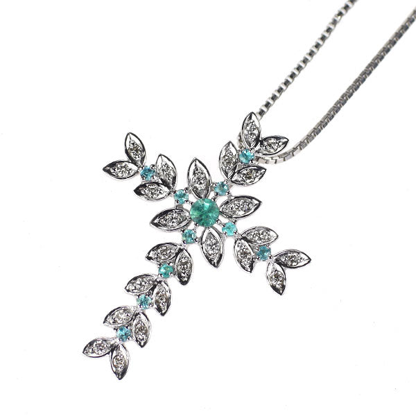 K18WG パライバ トルマリン ダイヤモンド ペンダントネックレス 0.14ct 0.18 クロス 植物