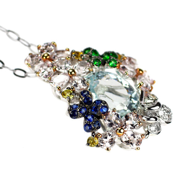 K18WG/ Pt850 アクアマリン カラーストーン ダイヤモンド ペンダントネックレス 2.52ct MO3.36ct S0.20ct D0.11ct