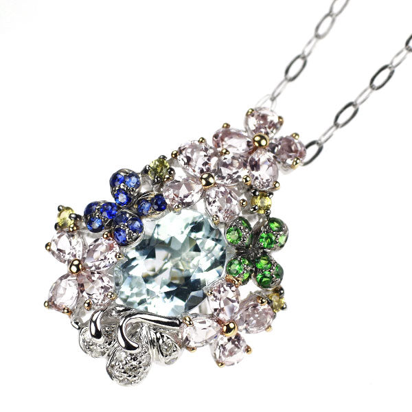 K18WG/ Pt850 アクアマリン カラーストーン ダイヤモンド ペンダントネックレス 2.52ct MO3.36ct S0.20ct D0.11ct