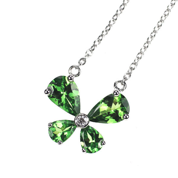 K18WG グリーンガーネット ダイヤモンド ペンダントネックレス 1.11ct D0.01ct フラワー