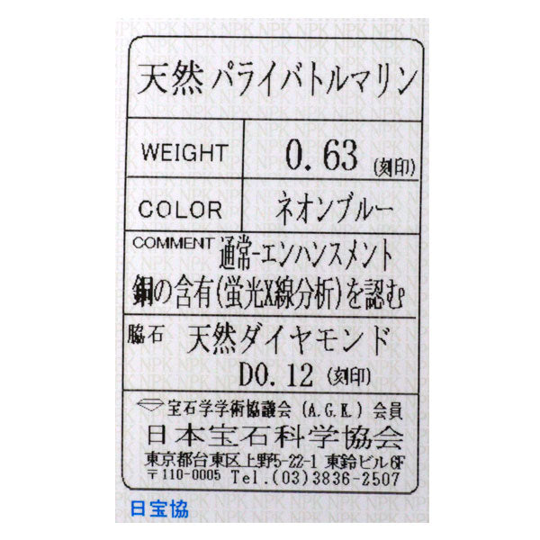 K18WG パライバトルマリン ダイヤモンド ペンダントネックレス 0.63ct D0.12ct