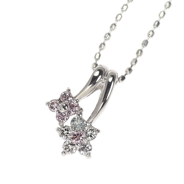 K18WG 天然ピンク ダイヤモンド ペンダントネックレス 0.06ct D0.10ct フラワー
