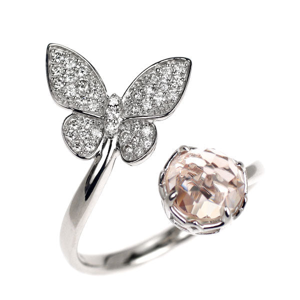 K18WG ローズクオーツ ダイヤモンド フォークリング D0.22ct 蝶