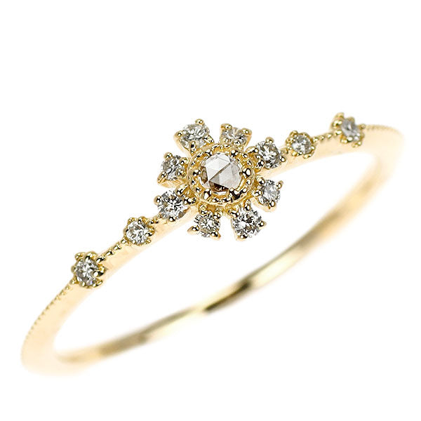アガット K18YG ローズカット/ラウンドブリリアント ダイヤモンド リング 0.10ct フラワー