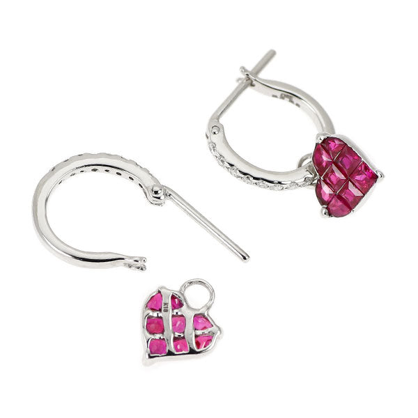 K18WG ルビー ダイヤモンド フープピアス 0.60ct D0.10ct ミステリーセッティング ハート  2Way