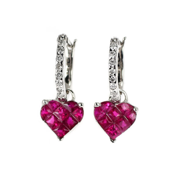 K18WG ルビー ダイヤモンド フープピアス 0.60ct D0.10ct ミステリーセッティング ハート  2Way