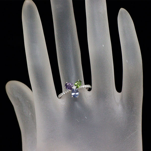 K18WG カラーサファイア ダイヤモンド リング 1.360ct D0.388ct クローバー シャムロック