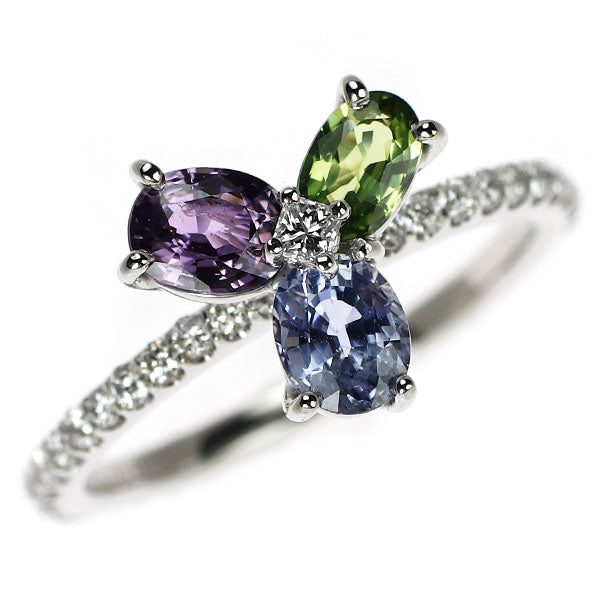 K18WG カラーサファイア ダイヤモンド リング 1.360ct D0.388ct クローバー シャムロック