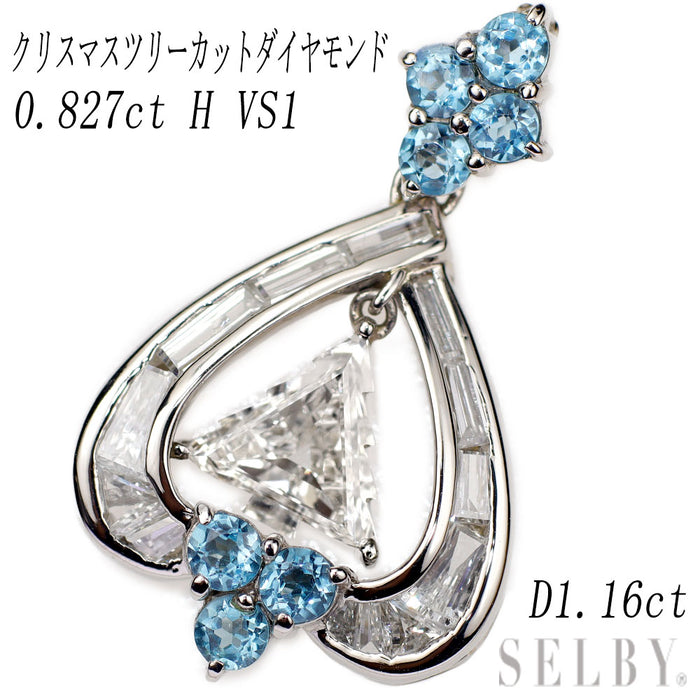 Pt900 クリスマスツリーカットダイヤモンド カリブレカット ブルートパーズペンダントトップ 0.827ct H VS1 D1.16ct