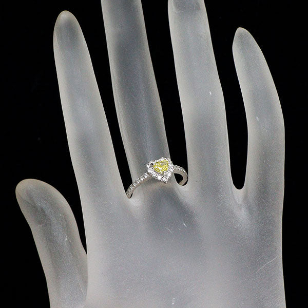 新品 Pt900 ハートシェイプ 天然ビビットイエロー ダイヤモンド リング 0.408ct FVY SI2 D0.38ct