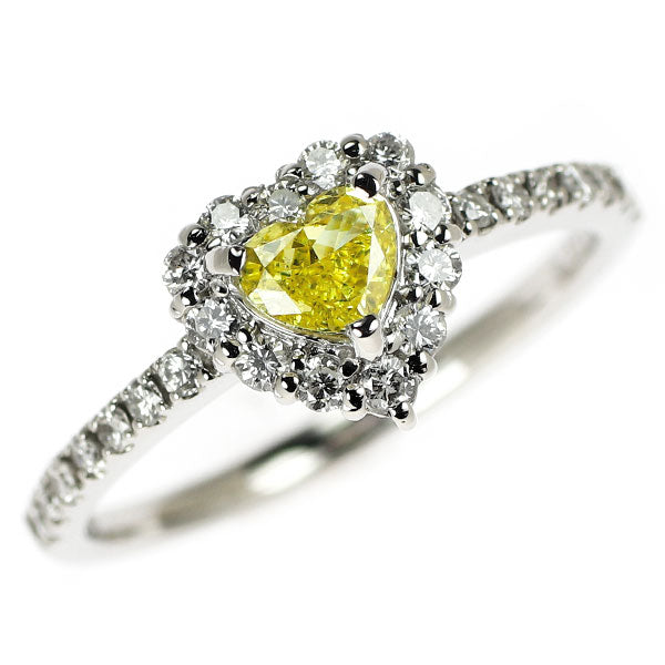 新品 Pt900 ハートシェイプ 天然ビビットイエロー ダイヤモンド リング 0.408ct FVY SI2 D0.38ct