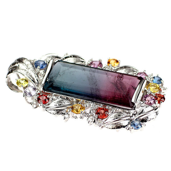 K18WG パーティーカラードトルマリン カラーサファイア ダイヤ ペンダントトップ 18.85ct CS2.55ct D0.25ct