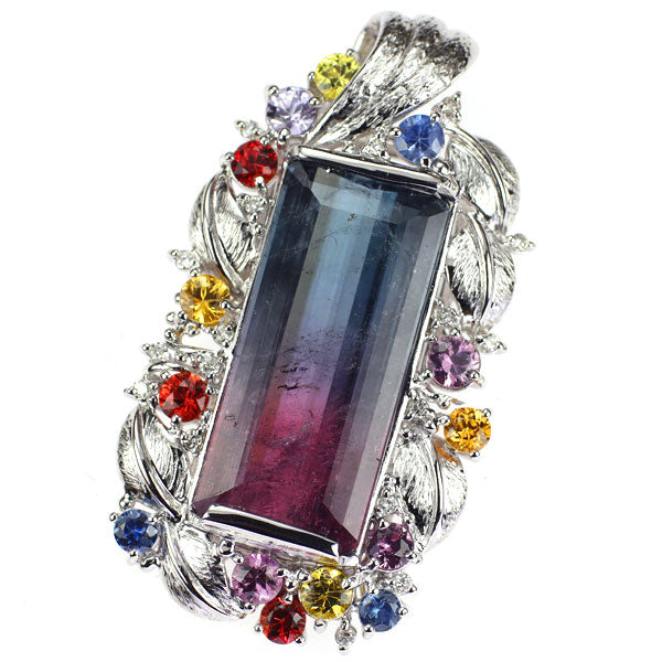 K18WG パーティーカラードトルマリン カラーサファイア ダイヤ ペンダントトップ 18.85ct CS2.55ct D0.25ct