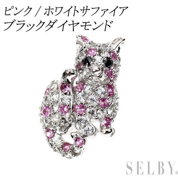 K18WG ピンク/ホワイトサファイア ブラックダイヤモンド ペンダントトップ 猫