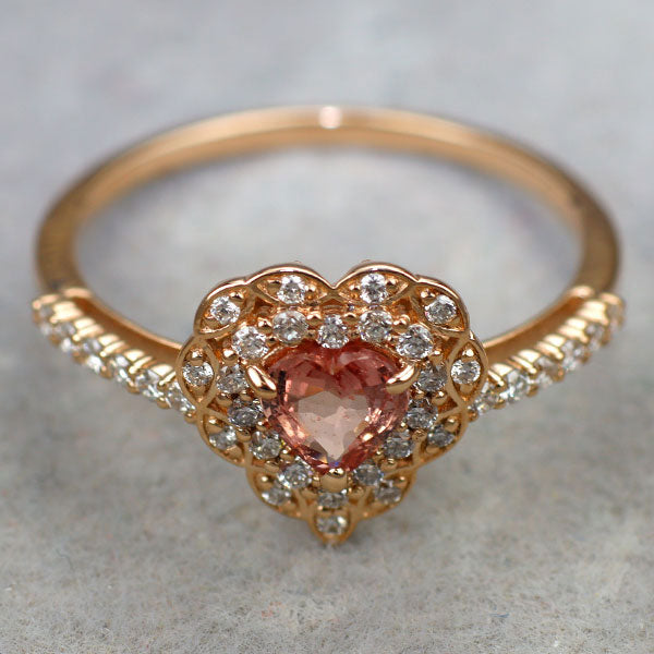 K18PG ハートシェイプ 通常加熱パパラチアサファイア ダイヤモンド 0.432ct D0.24ct【エスコレ】