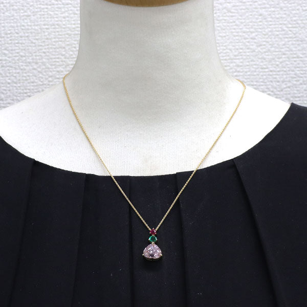 アトリエ アル K18YG クンツァイト エメラルド ルビー ペンダントネックレス 6.12ct E0.36ct R0.27ct