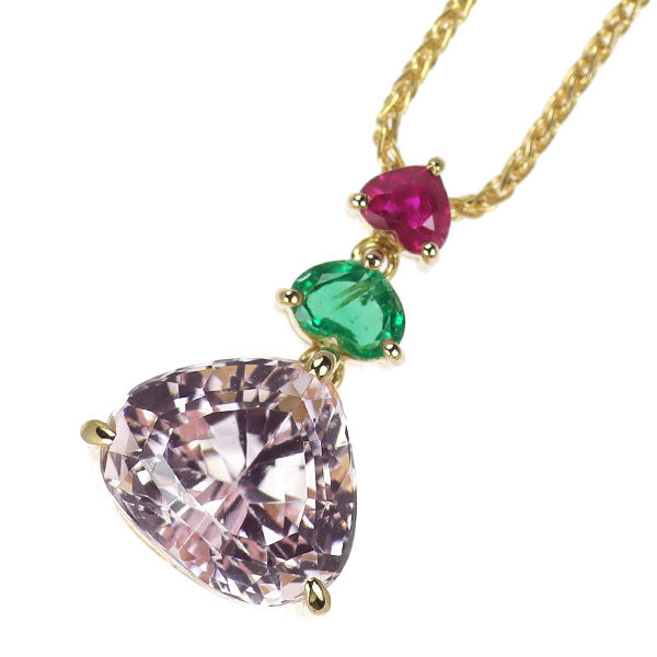 アトリエ アル K18YG クンツァイト エメラルド ルビー ペンダントネックレス 6.12ct E0.36ct R0.27ct