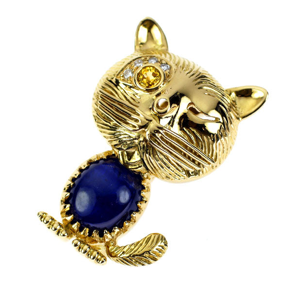 K18YG サファイア イエローサファイア ダイヤモンド ブローチ 2.98ct YS0.07ct D0.02ct 猫