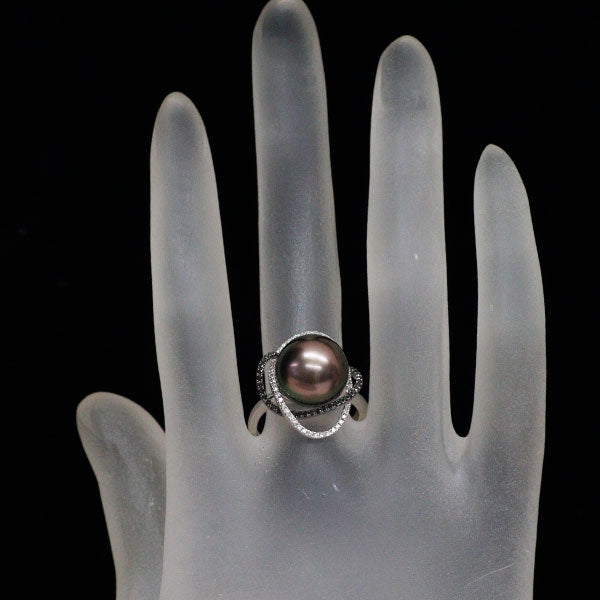 K18WG 黒蝶真珠 ブラック/カラーレスダイヤモンド リング BD0.19 D0.18ct 径約 12.0mm