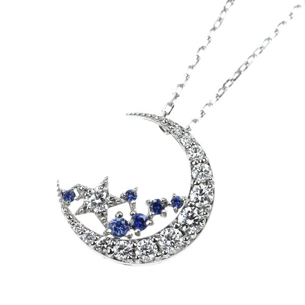 K18WG サファイア ダイヤモンド ペンダントネックレス 0.06ct D0.35ct 月 星