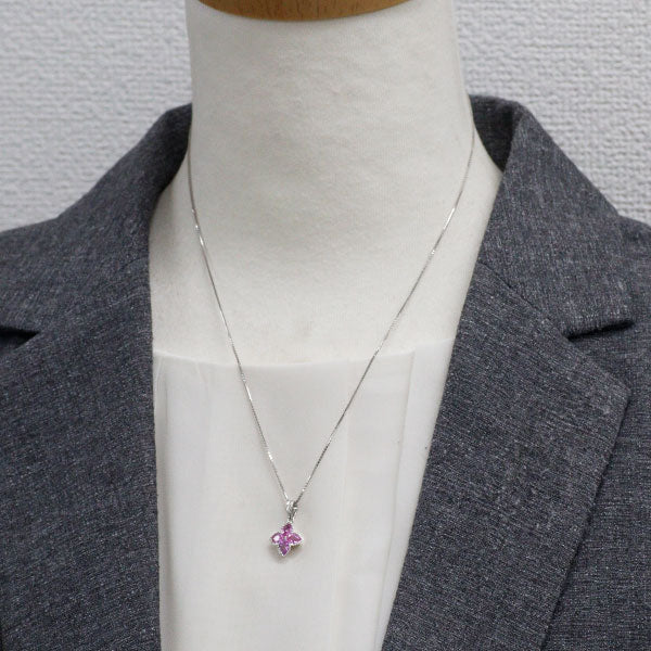 K18WG ピンクサファイア ダイヤモンド ペンダントネックレス 1.50ct D0.10ct フラワー