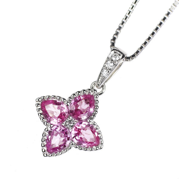K18WG ピンクサファイア ダイヤモンド ペンダントネックレス 1.50ct D0.10ct フラワー