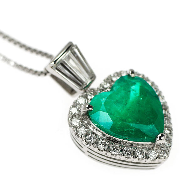 Pt900/Pt850 ハートシェイプ エメラルド ダイヤモンド ペンダントネックレス 3.125ct D0.275ct