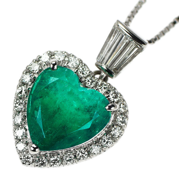 Pt900/Pt850 ハートシェイプ エメラルド ダイヤモンド ペンダントネックレス 3.125ct D0.275ct