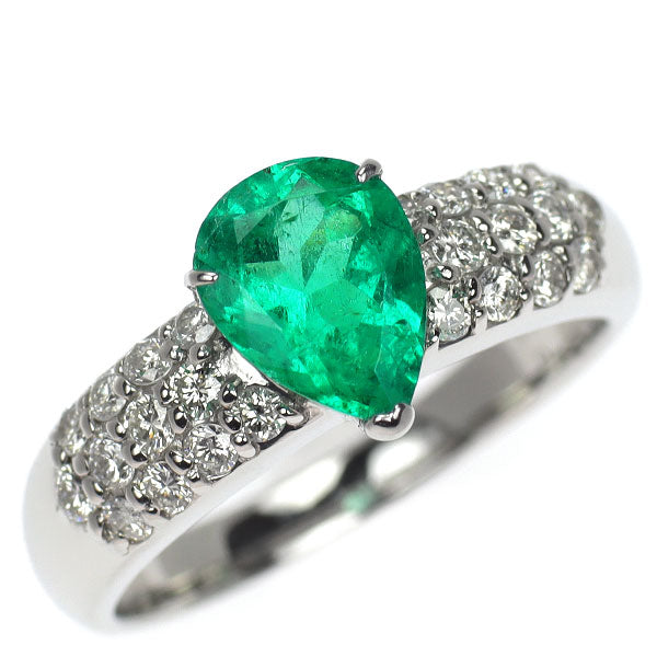 Pt900 ペアシェイプ エメラルド ダイヤモンド リング 1.47ct D0.56ct