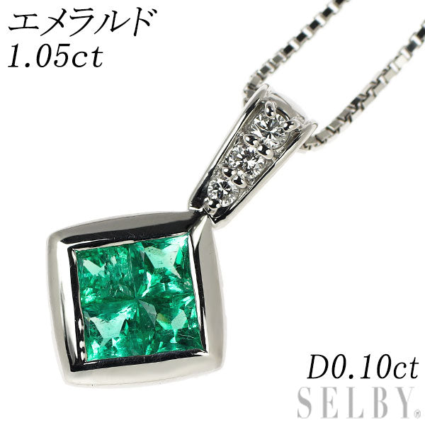 Pt900/ Pt850 エメラルド ダイヤモンド ペンダントネックレス 1.05ct D0.10ct