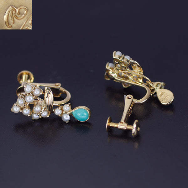 碌山/ロクザン K18YG トルコ石 シードパール イヤリング 0.40ct フラワー
