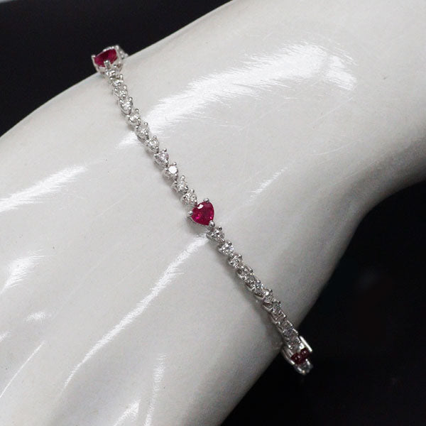 K18WG ハートシェイプ ルビー ダイヤモンド ブレスレット 1.36ct D1.90ct テニス