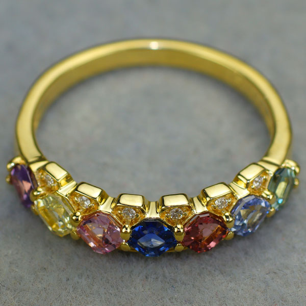 新品 K18YG アッシャーカット マルチカラーサファイア ダイヤモンド リング 1.17ct D0.05ct 希少石 レアストーン【エスコレ】