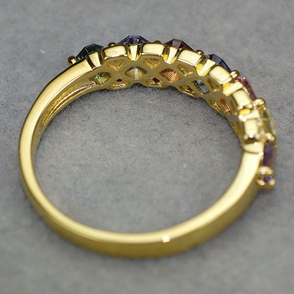 新品 K18YG アッシャーカット マルチカラーサファイア ダイヤモンド リング 1.17ct D0.05ct 希少石 レアストーン【エスコレ】