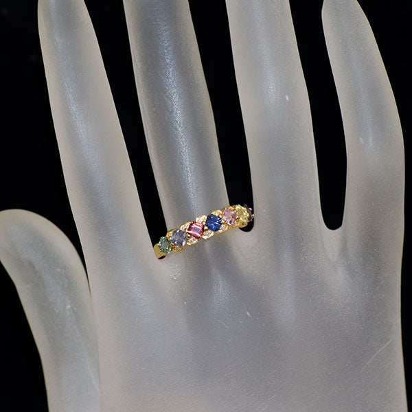 新品 K18YG アッシャーカット マルチカラーサファイア ダイヤモンド リング 1.17ct D0.05ct 希少石 レアストーン【エスコレ】