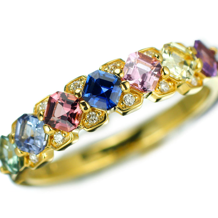 新品 K18YG アッシャーカット マルチカラーサファイア ダイヤモンド リング 1.17ct D0.05ct 希少石 レアストーン【エスコレ】