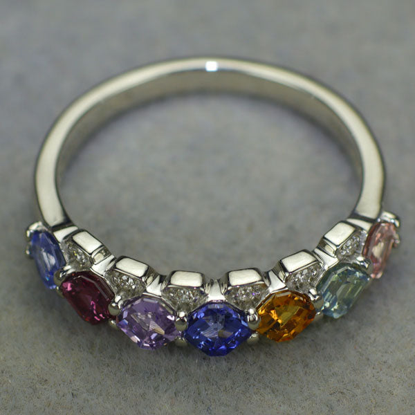 新品 Pt900 アッシャーカット マルチカラーサファイア ダイヤモンド リング 1.23ct D0.05ct 希少石 レアストーン【エスコレ】
