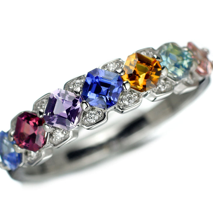 新品 Pt900 アッシャーカット マルチカラーサファイア ダイヤモンド リング 1.23ct D0.05ct 希少石 レアストーン【エスコレ】