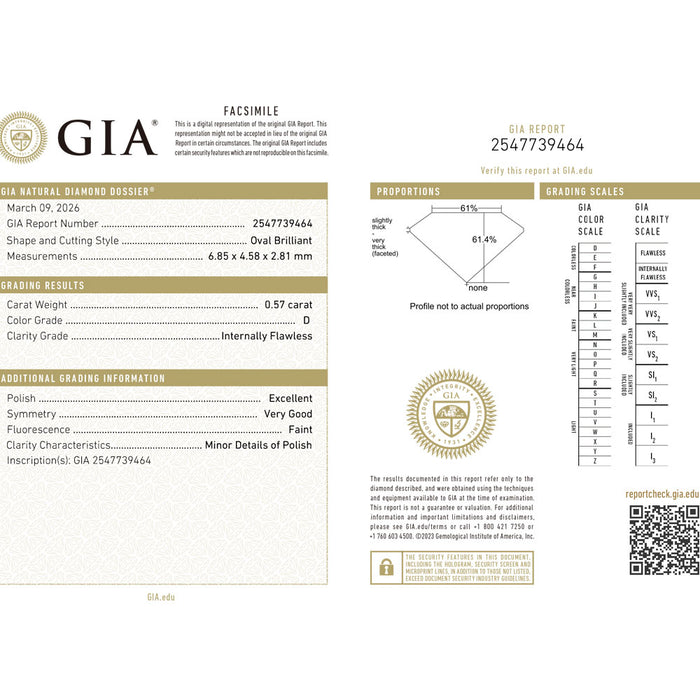 新品 GIA /CGLタイプ2a証明付 オーバルカットダイヤモンド ルース 0.570ct D IF 希少石 レアストーン【エスコレ】